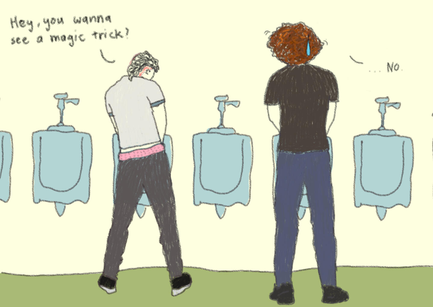 A drawing of Frank Iero and Ray toro with their backs turned at some urinals. Frank is asking Ray if he wants to see a magic trick and Ray is saying no